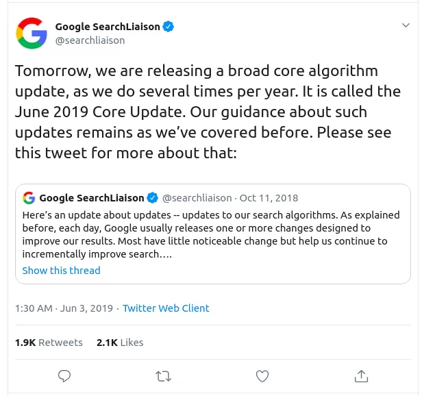 June 2019 Google Core Algorithm Update announcement on Twitter