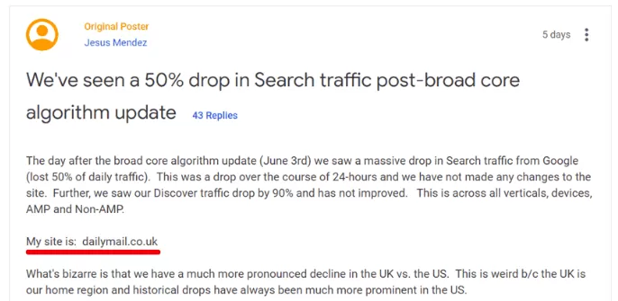 UK’s Daily Mail Complaining About Ranking Drop on Google Webmaster Forum